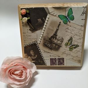 Art. HANDMADE. Mixed media on wood. Vintage photo/Paris. Butterfly. Xmas gift